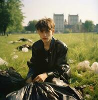 Adolescente chico limpieza el parque en el césped, naturaleza valores foto