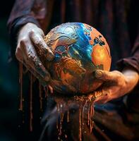 The earth being washed with water and a person's hand, nature stock photo