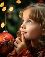 un cerca arriba de un niños cara como ellos Mira a un Navidad ornamento, Navidad imagen, fotorrealista ilustración foto