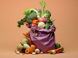 tienda de comestibles bolso esparcido con varios frutas y verduras, mundo comida día imágenes foto