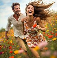 A joyful and carefree scene with the couple running through a field of colorful wildflowers, wanderlust travel stock photos, realistic stock photos