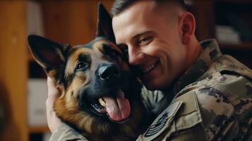 un soldado abrazando su perro después volviendo hogar desde despliegue, mental salud imágenes, fotorrealista ilustración foto