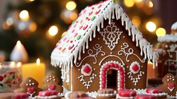 A close-up of a gingerbread house, christmas image, photorealistic illustration photo