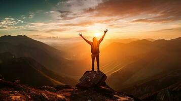 A person stands on a mountaintop looking out at the view, mental health images, photorealistic illustration photo