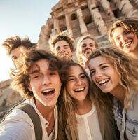 A close-up of a group of friends faces as they explore an ancient ruin, wanderlust travel stock photos, realistic stock photos