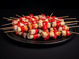 Chicken skewers on a black plate, world food day images photo