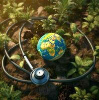 Stethoscope and the planet earth on the soil, nature stock photo