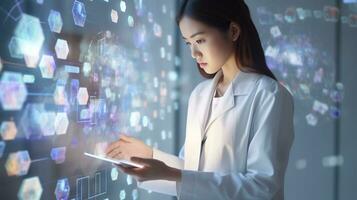 A female nurse in white coat holding a tablet showing a digital information on it, medical stock images photo