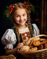 A close-up portrait of a young girl wearing a traditional christmas dress, christmas image, photorealistic illustration photo