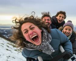 A family sledding down a hill on christmas eve, christmas image, photorealistic illustration photo