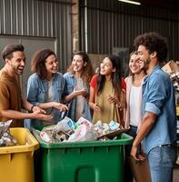 A group of friends are standing in front of a recycling center sorting their trash into different bins, nature stock photo