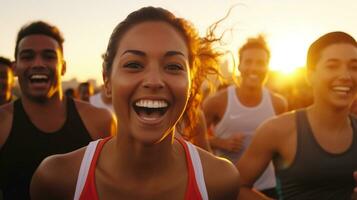 un grupo de personas corriendo un 5k carrera, mental salud imágenes, fotorrealista ilustración foto