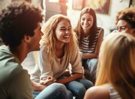 A group of friends sitting in a circle holding hands and talking, mental health images, photorealistic illustration photo