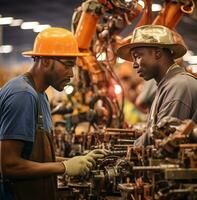 dos industrial trabajadores en sombreros mirando a robots a un montaje línea, industrial maquinaria valores fotos