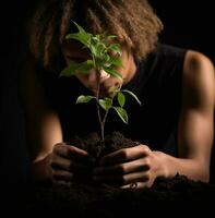 Young person holding a green plant and touching black background, nature stock photo