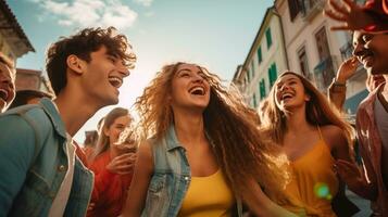 A group of friends laughing and dancing in the street, mental health images, photorealistic illustration photo