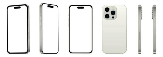 Set of 6 pcs at different angles, 15 PRO white titanium smartphone models NEW, mockup for web design on white background vector