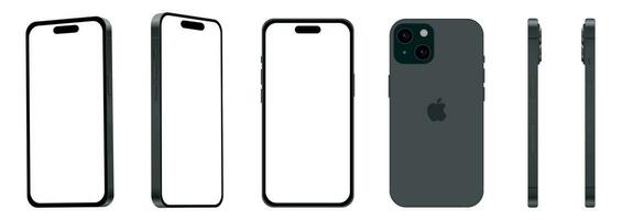 Set of 6 pieces from different angles, black Apple iPhone 15 smartphone, mockup for web design on white background vector