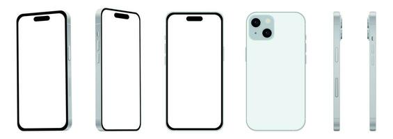 Set of 6 items from different angles, 15 blue smartphone models NEW, mockup for web design on white background vector