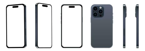 Set of 6pcs from different angles, 15 PRO blue titanium smartphone models NEW, mockup for web design on white background photo