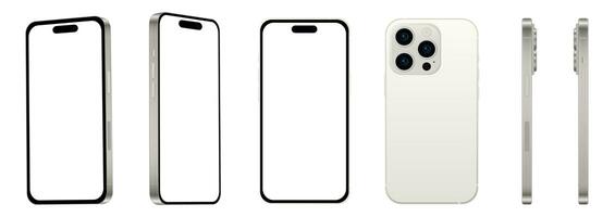 Set of 6 pcs at different angles, 15 PRO white titanium smartphone models NEW, mockup for web design on white background photo
