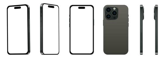 Set of 6 pcs at different angles, 15 PRO black titanium smartphone models NEW, mockup for web design on white background photo
