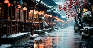 Night snowy Christmas Japan, New Year holiday, blurred background - AI generated image photo