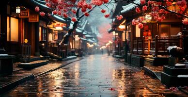 Night snowy Christmas Japan, New Year holiday, blurred background - AI generated image photo