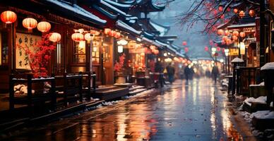 Night snowy Christmas Japan, New Year holiday, blurred background - AI generated image photo