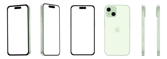 Set of 6 pieces from different angles, green Apple iPhone 15 smartphone, mockup for web design on white background photo