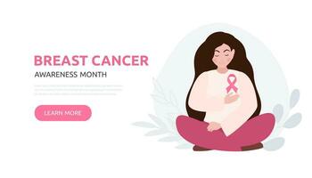 Breast Cancer awareness banner illustration. Woman with pink ribbon. Pink october month female healthcare campaign solidarity web template design. Vector illustration.