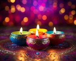 Three lit diwali lamps on a colorful background, diwali stock images and illustrations photo