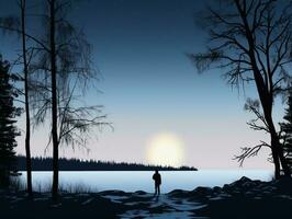 A lone explorer standing on a frozen lake, christmas image, photorealistic illustration photo