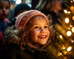 A close up of a childs face lit up with joy, christmas image, photorealistic illustration photo