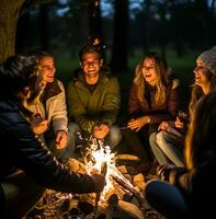 un grupo de amigos son sentado alrededor un hoguera narración cuentos, pasión de viajar viaje valores fotos, realista valores fotos