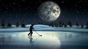 un niño Patinaje en un congelado estanque, Navidad imagen, 3d ilustración imágenes foto