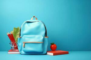 Back to school concept on blue background. Modern school bag, books, accessories and colorful pencils with abacus 3D Render 3D Illustration. Genrative by AI. photo