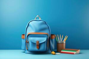 Back to school concept on blue background. Modern school bag, books, accessories and colorful pencils with abacus 3D Render 3D Illustration. Genrative by AI. photo