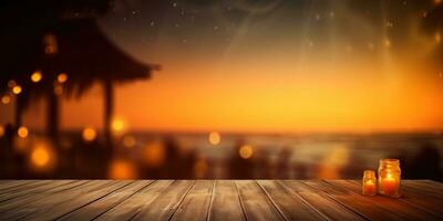 Generative AI, Tropical summer sunset beach bar background. Wooden table top product display showcase empty stage. photo