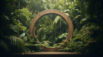 Generative AI, Empty circle wooden frame and tropical leaves on jungle background. For product display. photo