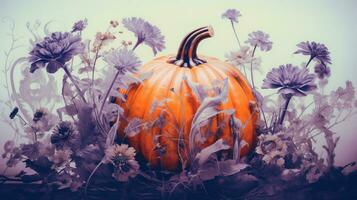 Generative AI, Halloween duotone background with flowers and pumpkin photo