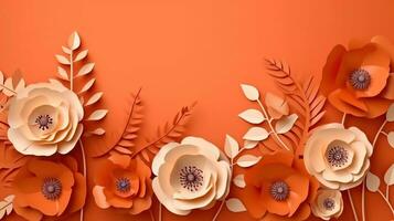 Generative AI, Paper cut craft flowers and leaves, apricot crush orange color, origami textured background, spring mood. Floral frame layout. photo