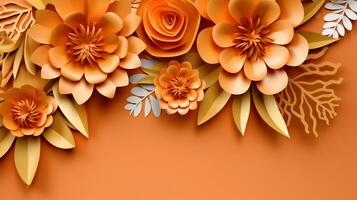 Generative AI, Paper cut craft flowers and leaves, apricot crush orange color, origami textured background, spring mood. Floral frame layout.. photo