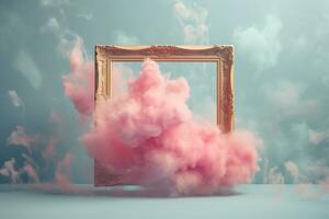 Generative AI, pastel light smoke around empty vintage beautiful frame. photo