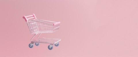 Generative AI, pink shopping cart on pink background, minimalistic shop online, free delivery, discounts and sale concept. photo