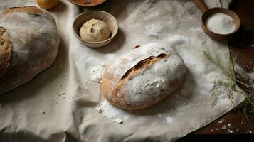 generativo ai, panadero prepara un pan o panadería a el hogar cocina, ecológicamente natural pasteles foto