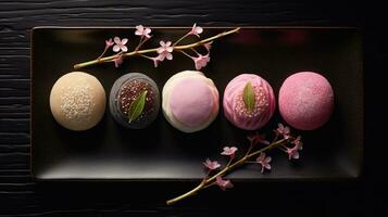 generativo ai, japonés tradicional confitería pastel wagashi, varios tipos de dulces foto