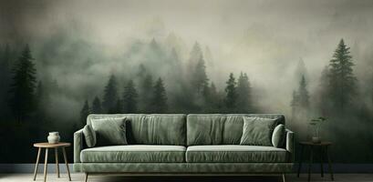 Generative AI, Interior design with couch, sofa and wallpaper of fir forest beautiful landscape in hipster vintage retro style, foggy mountains and trees. photo