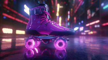 Generative AI, Roller skate in cyberpunk style, disco nostalgic 80s, 90s. Neon night lights vibrant colors, photorealistic horizontal illustration of the futuristic city. Sport activity concept. photo