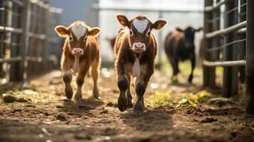 Generative AI, little calfs looking at the camera on a farm, baby cows photo